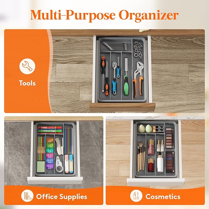 Lifewit Silverware Tray, Deep Wide Cutlery Drawer Organizer Storage for Kitchen, Plastic Flatware Utensil Holder Divider for Spoons Forks Knives Tableware, 5 Compartment, Gray