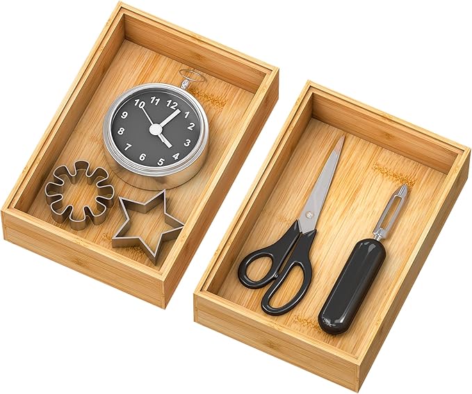 Bamboo Drawer Organizer Storage Box Kitchen - Wood Stackable Tray Set of 2 (9x6x2 inch)
