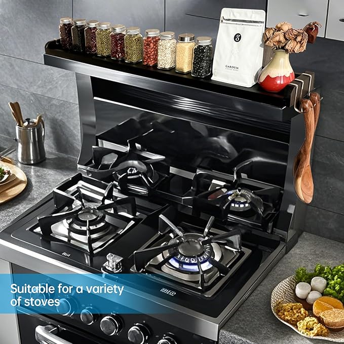 Over the Stove Shelf, Bamboo Stove Top Spice Rack for Kitchen,Wooden Stove Shelf for Back of Stove, Non-slip Countertop Seasoning Organizer with 6 hooks,Easy to Assemble 34.6*5.1*13.4” Black