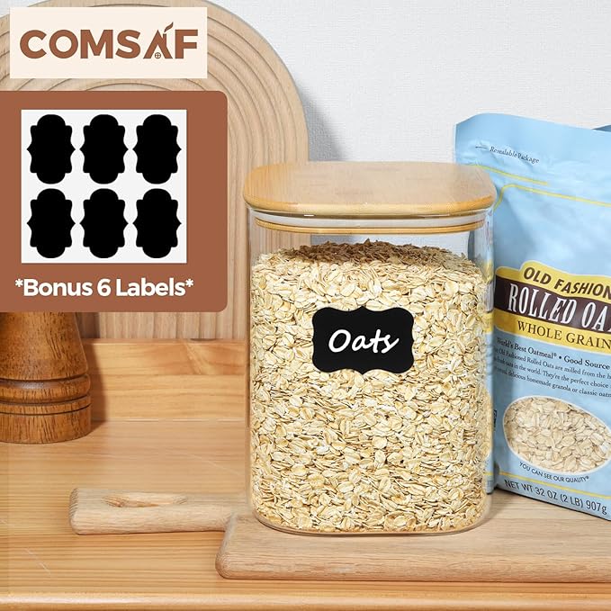 ComSaf 115 oz Glass Food Storage Containers, Cereal Storage Containers with Airtight Lids, Large Square Glass Jars with Bamboo Lids, for Rice, Pasta, Oats, Grains, Coffee Beans