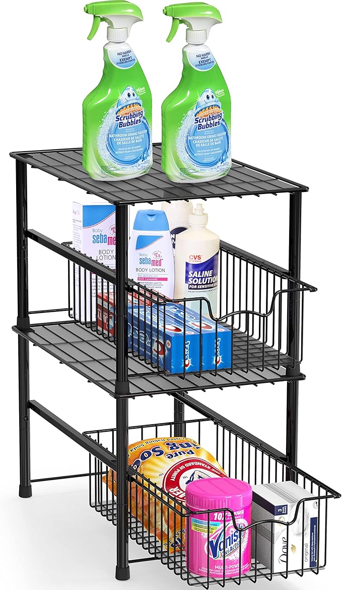 Simple Houseware Stackable Under Sink Cabinet Sliding Basket Organizer Drawer, Black