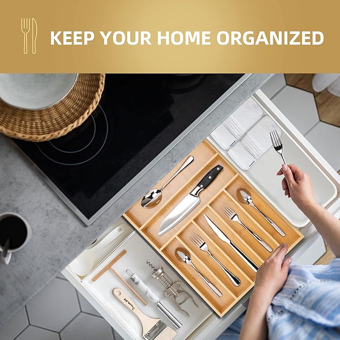 Bamboo Kitchen Drawer Organizer, 13 Inch Silverware Organizer with Extra-deep Grooved Divider, 7 Slots Pure Bamboo Wood Caddy for Flatware Cutlery Knives, Forks, Spoons