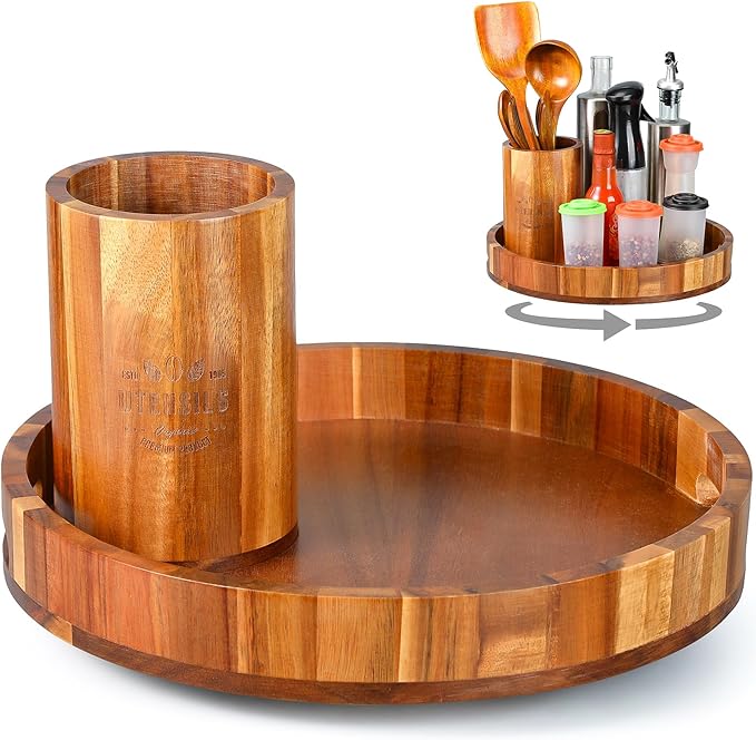 12" Lazy Susan Wooden Revolving Spice Rack with Utensil Holder, Turntable Kitchen Organizers and Storage for Counter Refrigerator Pantry Cabinet Cupboard, Farmhouse Kitchen Decoration, Brown