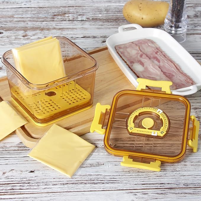 Sliced Cheese Container with Airtight Lid for Mini Fridge BPA-Free Kitchen Plastic Storage Deli Cheese Slices Stackable Store Date Record Function Keeps Cheese Fresh Longer (Yellow)