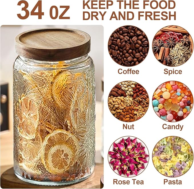 34 OZ Vintage Glass Jar with Lid, Airtight Food Storage Canisters with Bamboo for Kitchen Counter Pantry, Ideal for Coffee, Candy, Tea, Oats, Sugar, Cookies Decorative Jars-Sunflower