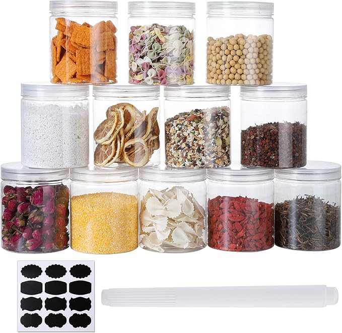 16 OZ Plastic Jars with Lids, 12 Pack Clear Plastic Slime Containers for Kitchen and Household Food Storage of Dry Goods, Creams and More,Included Extra Label and A Pen