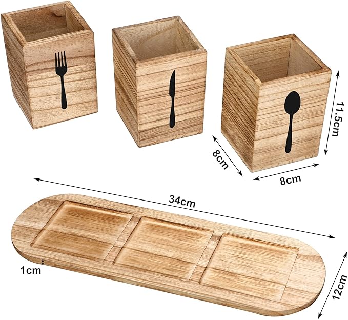 Kathfly 4 Pcs Silverware Caddy Utensil Holder for Countertop Silverware Organizer with Wood Tray Spoon Fork Holder 3. 15 x 3. 15 x 4. 53 Inches of Each Organizer for Kitchen Parties(Brown)