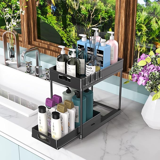 Under Sink Organizers and Storage, 2 Pack Large Capacity Heavy Load Double Pull-out Under Sink Shelves with Sliding Drawer for Kitchen and Bathroom, Black