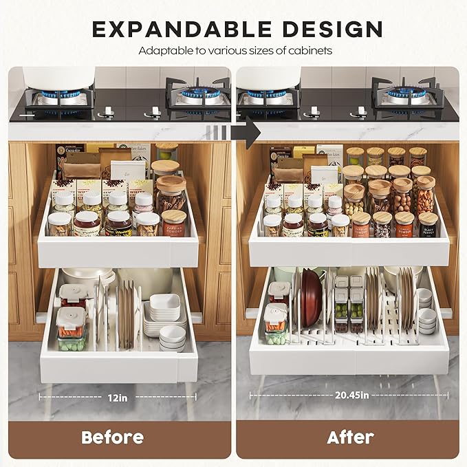 6 Pack Pull Out Cabinet Organizers 21" Deep With Raising Pad for Framed Cabinets, Expandable Slide Out Drawers with 4pcs Divider Racks, Roll Out Shelves, Adjustable Width 12"-20.45" White