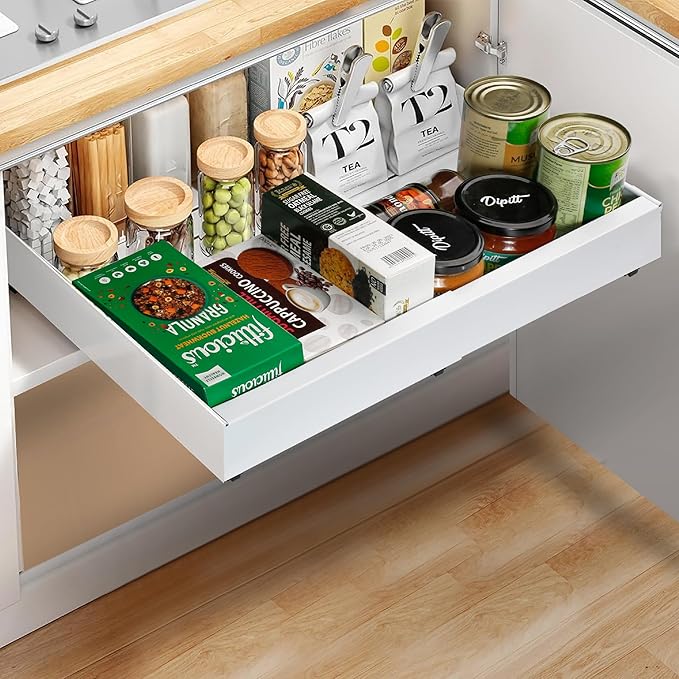 Pull Out Cabinet Organizer – Smooth Sliding Expandable Pull Out Drawers for Cabinets, Slide Out Drawers for Kitchen Cabinets, Bathroom Storage, Pantry Organization & Under Sink Organizer (White, 1Pc).