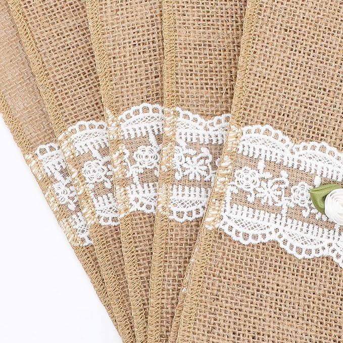 AOKQYA Wedding Utensil Holders - White Rose Lace Burlap Flatware Pouch for Cutlery Table Setting Set of 10 (Rose)