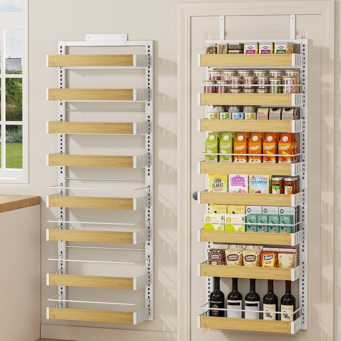 8 Tier Over The Door Pantry Organizer, 2 IN 1 Wall Mount or Hanging Spice Rack Seasoning Shelves with Adjustable Basket, Back of Door Organizer and Storage for Kitchen Cabinet and Room Closet
