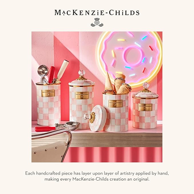 MACKENZIE-CHILDS Large Enamel Canister, Kitchen Storage Container for Flour and Sugar, 1.89 Liters, Pink-and-White Rosy Check
