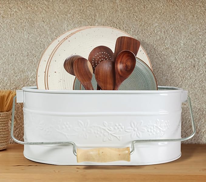 Utensil Caddy For Parties, Utensil Caddy For Kitchen Countertop, Galvalined Metal Caddy, Plate And Utensil Caddy, Picnic Utensil Caddy - Flower Design - Chalk White