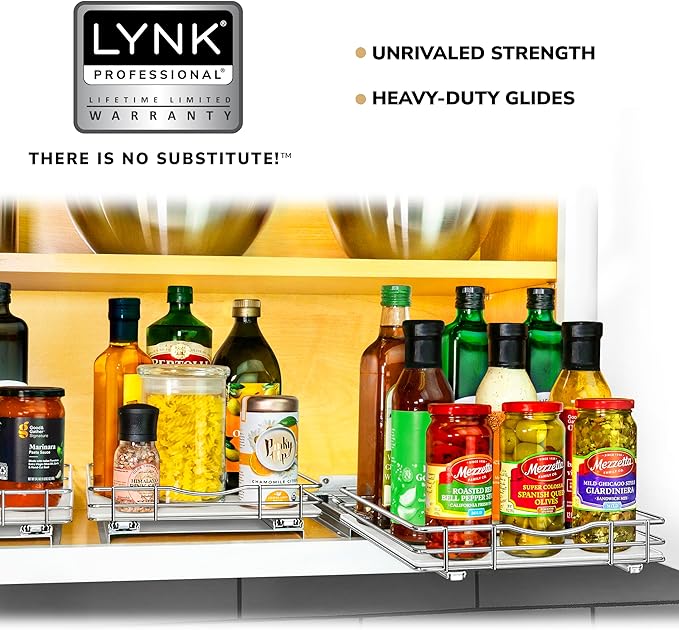 LYNK PROFESSIONAL® Pull Out Spice Rack Organizer for Inside Kitchen Cabinets - 10-1/4 inch Wide - Slide Out Drawer – Chrome Sliding Spice Cabinet Organization Shelf Racks - 1 Tier
