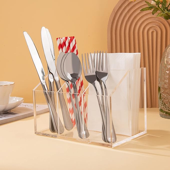 Utensil Holder Silverware Caddy Countertop Cutlery Organizer For Napkins Flatware Spoon Fork Knife Plastic Acrylic