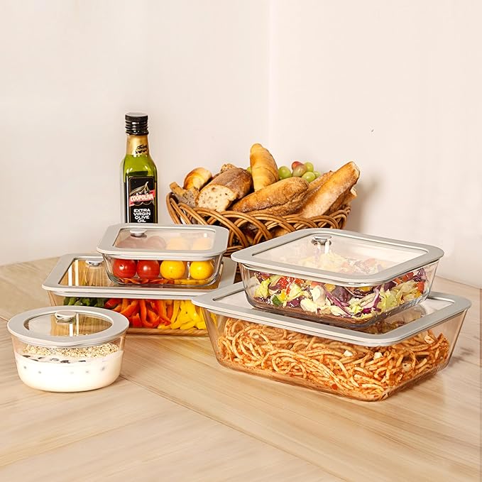 Glass Food Containers with Glass Lids, 3 Pack of Large Size, Microwave Safe Meal Prep Containers