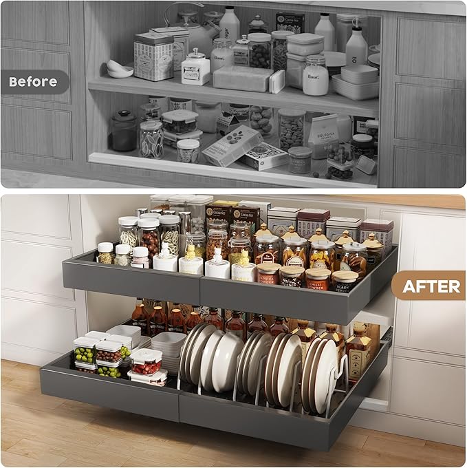 2 Pack Pull out Cabinet Organizer 21"Deep With Raising Pad for Framed Cabinets, Expandable Slide out Drawers for Kitchen Cabinets with 4pcs Divider Racks, Roll out Shelves 15.2"-26.3"W Black