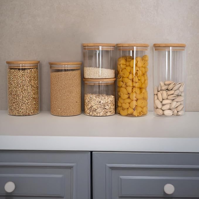 Moritz & Moritz Glass Food Storage Jars with Lids 6 Pack – Airtight Food Storage Containers for Pantry – Kitchen Organizers – Flour Sugar Containers with Labels and Chalk Pen