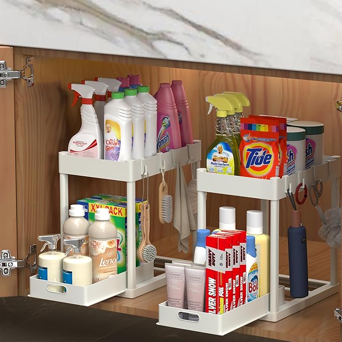 2PC Under Sink Organizer Rack 2 Tier Under Sliding Cabinet Basket Organizer Drawer with 4 Hooks, Multi-purpose Under Sink Storage for Bathroom Kitchen Desktop(White)