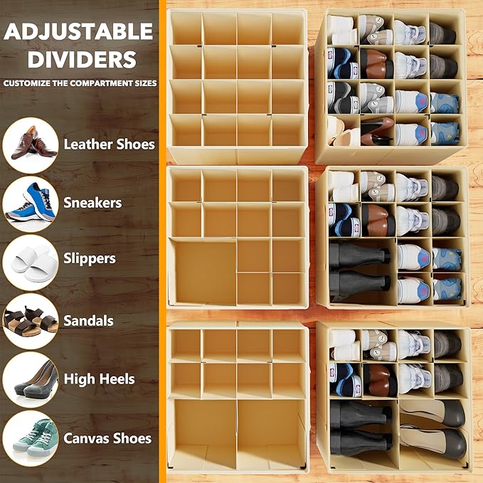 SpaceAid Shoe Organizer for Closet, 2 Pack Foldable Shoe Storage Containers Baskets Boxes Bins w/Adjustable Dividers, Fits 16-32 Pairs, Beige