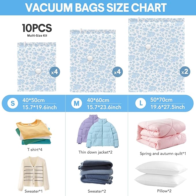 10 Pack Travel Vacuum Storage Bags with Electric Pump, 2 Large + 4 Medium + 4 Small Vacuum Sealer Bags, 80% Space Saver Bags for Luggage, Comforters and Blankets, Travel Essentials(Blue Flowers)