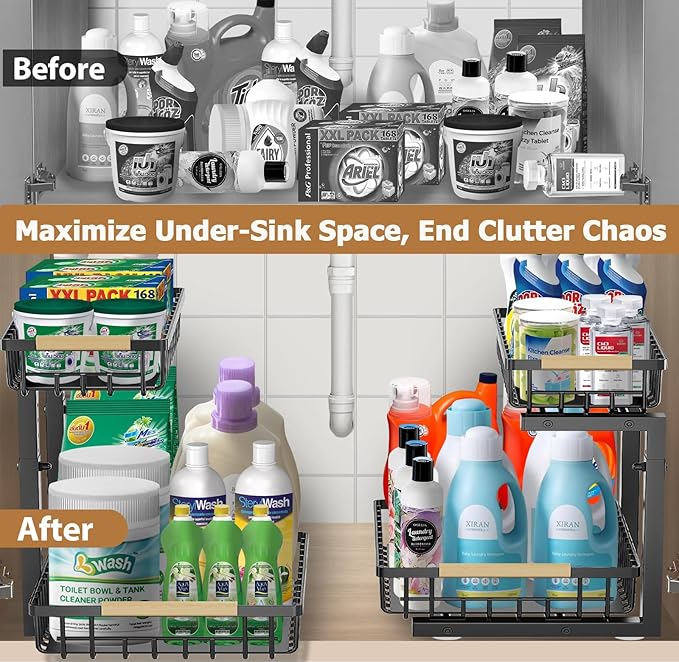 2 Pack Under Sink Organizer, Metal Slide Out Under Sink Organizers and Storage Shelves, Height Adjustable Pull Out Under Cabinet Organizer, Under Sink Storage for Kitchen, Bathroom (Black)