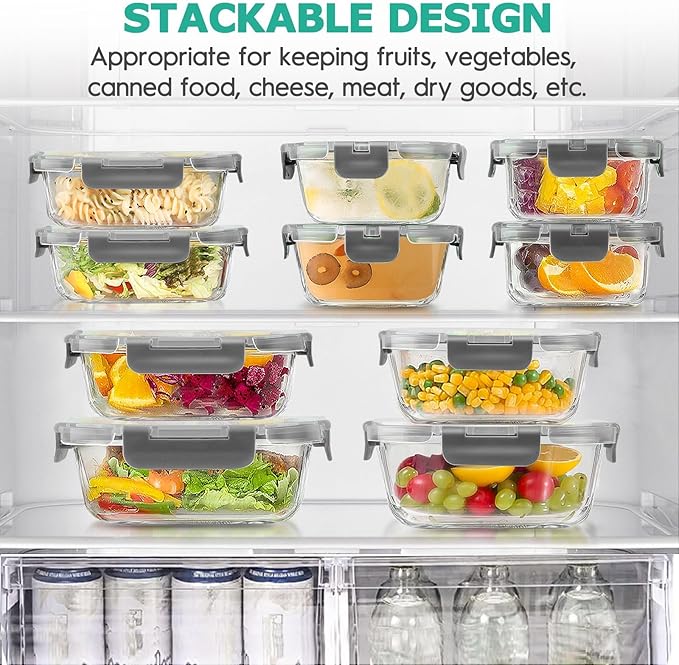34pcs Glass Food Storage Containers with Lids Set, Airtight Glass Meal Prep Containers (17 Containers & 17 Lids), Leak Proof Lunch Containers BPA-Free, Microwave, Oven, Freezer, Dishwasher Safe-Grey