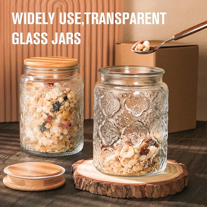 GUEQUITLEX Vintage Glass Jar with Lid, 24oz Food Storage Containers 2 Pack Clear Mason Jars With Airtight Lid for Kitchen Counter,Food Storage, Dry Food, Snacks, Candies, DIY Projects