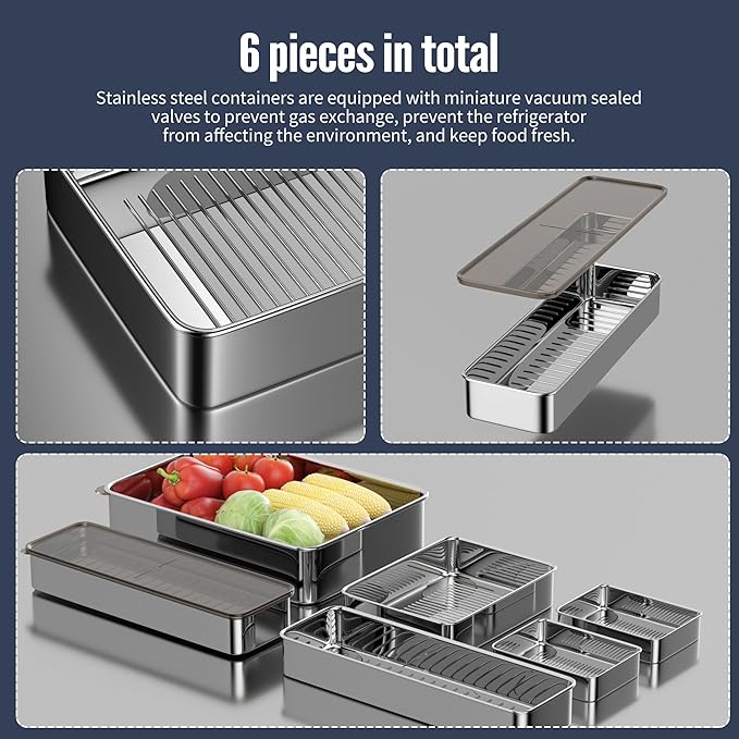 6pcs Stainless Steel 304 Food Storage Containers with Lids - Stackable, Dishwasher Safe for Meal Prep, Deli Meat, Cheese,Bacon & Freezer