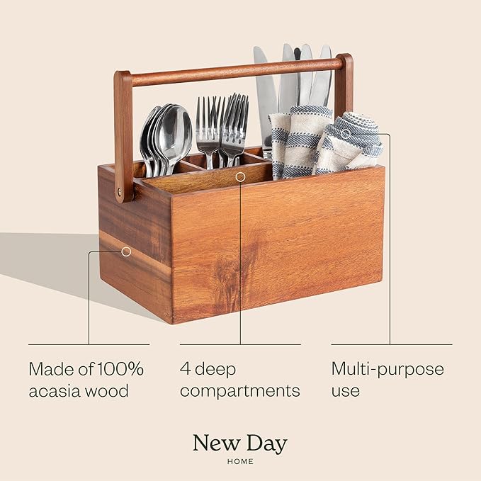 Acacia Wood Utensil Caddy with Handle, Wooden Silverware Holder, Multi-purpose Organizer for Kitchen, Office, Bathroom, Bedroom