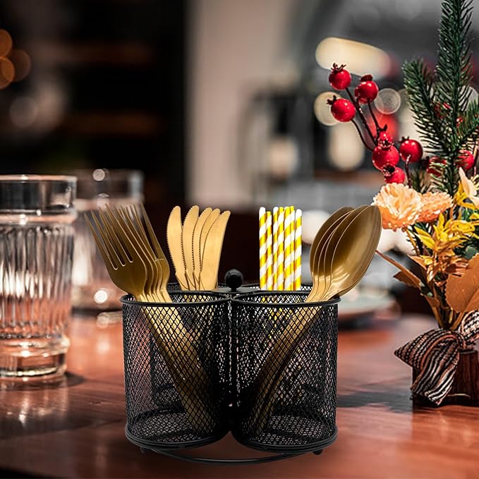 Silverware Holder Utensil Caddy - 360° Rotating Silverware Caddy 4 Compartment Metal Cutlery Organizer Fork Spoon Plastic Flatware Storage Basket Party Countertop Picnic Outdoor Modern Black
