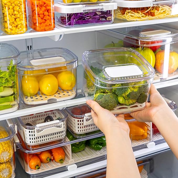 Felli Veggie Keeper Container for Fridge with Air Vent + Drain Tray, SPACIOUS Vegetable Fruit Bin for LONG LARGE Produce Lettuce Cabbage Celery Cucumber Storage for Refrigerator, Keep Fresh Long