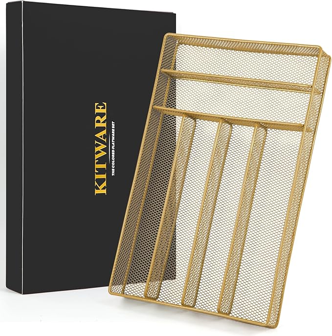 Kitware Silverware drawer organizer, Gold Kitchen Utensil Mesh Metal, Living Room Bedroom Beauty Item Dividers