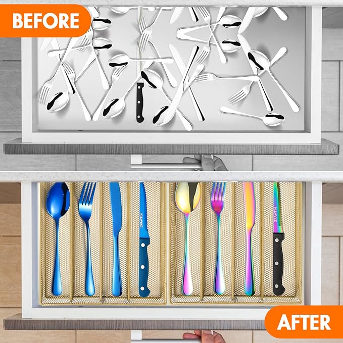 Kitware Silverware drawer organizer, Gold Kitchen Utensil Mesh Metal, Living Room Bedroom Beauty Item Dividers
