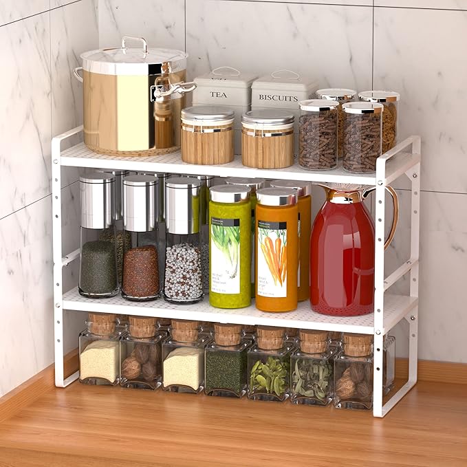 Expandable Kitchen Cabinet Shelf Organizers 2 Pack, Stackable Metal Pantry Storage Shelves Rack, Adjustable Counter Shelf for Cabinets, Countertop, Cupboard Organizers and Storage, White