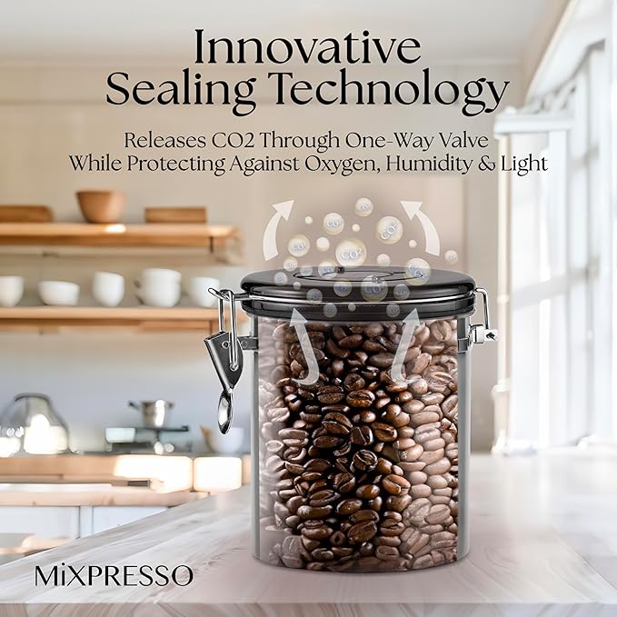 Mixpresso 16 Oz Coffee Canister with Scoop Stainless Steel Airtight Coffee Container, Ground Coffee Bean Storage with Date Tracker, Vacuum Sealed Espresso Airtight Container Coffee Jar Sugar Container