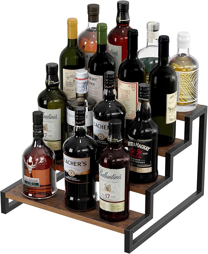 Wood Display Riser Stand, 4-Tier Kitchen Counter Shelves, Kitchen Storage,Spice Rack Organizer, Tiered Countertop Display Shelf for Perfume, Makeup, Expandable(Retro Color,4-Tier)