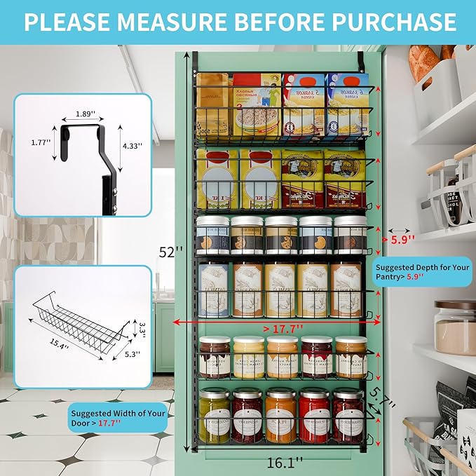 Fixwal 6-Tier Over the Door Pantry Organizer, Metal Hanging Spice Rack Storage Shelves with Adjustable Baskets for Kitchen, Black