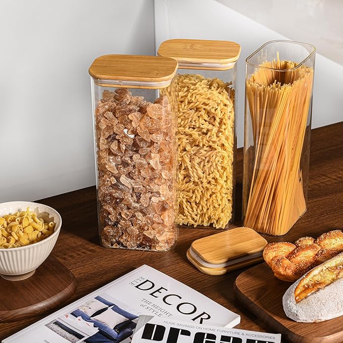 71oz Rectangle Airtight Glass Storage Containers with Bamboo Lids (Set of 4), Square Food Storage Jar, Pantry Organizers for Sugar, Flour, Spaghetti and Coffee beans (with Black Lable)