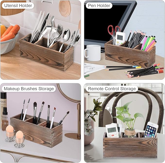 Wooden Silverware Organizer, 3 Spacious Compartments Cooking Spatula Holder, Silverware Storage Kitchen Utensil Flatware Caddy