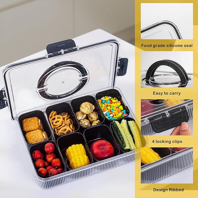 Patent Design Ribbed Snackle Box Container Divided Serving Tray with Lid and Handle -Charcuterie Container Portable Storage Organizer for Candy, Fruit, Beach, Picnics(1 pcs, Black)