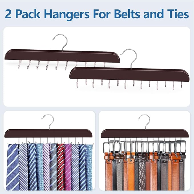2 Pack Tie Rack & Belt Hanger 2 in 1 Tie Hanger Space Saving Max 42 Belts& 60 Ties Capacity for Closet Organizers and Storage, Sturdy Wood Belt & Tie Collection Organizer