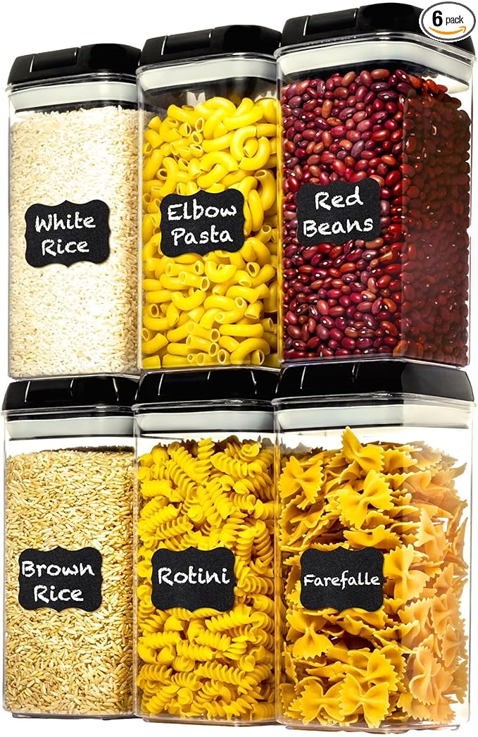 Shazo Airtight Food Storage Containers with Lids - 6 PC BPA Free Clear Plastic Cereal Containers with Easy Lock Lids for Kitchen and Pantry Organization for Snacks and Pasta - 1.2 L