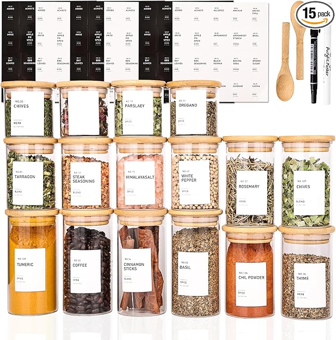 16Pcs Round Glass Spice Jars with Bamboo Lids, include 4oz, 6oz, 8oz, 10oz Empty Containers With 340 Spice Labels Preprinted of White and Black Color, Spice Bottles for Seasoning Organizer
