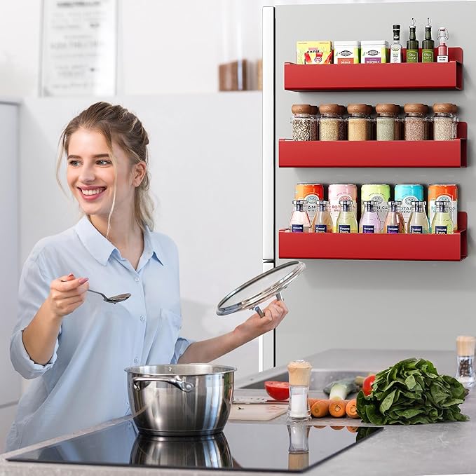 3 Pack Moveable Fridge Magnetic Spice Racks,Metal Red