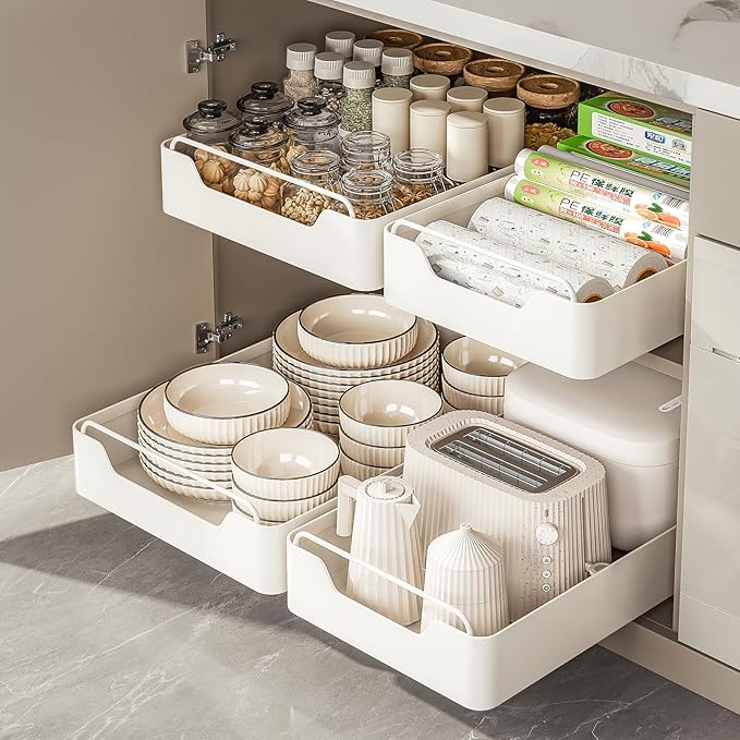 Pull Out Cabinet Organizer Fixed with Adhesive Nano Film, Heavy Duty Slide Out Pantry Shelves, Holds Cutlery, Spice Bottles, Sliding Drawer Storage Rack for Kitchen, Home (12.2'' Width)…