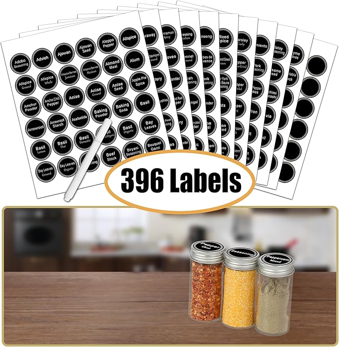 SWOMMOLY Spice Rack Organizer with 24 Empty Round Spice Jars, 396 Spice Labels with Chalk Marker and Funnel Complete Set, Spice Rack for Cabinet, Countertop or Wall Mount, Silver