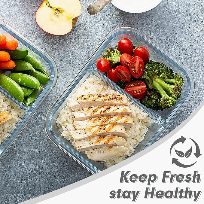 VERONES 10 Pack Glass Meal Prep Containers 2 Compartment Set, 30 OZ Airtight Glass Lunch Containers, Food Storage Containers with Lids, for Microwave, Oven, Freezer & Dishwasher Friendly,White