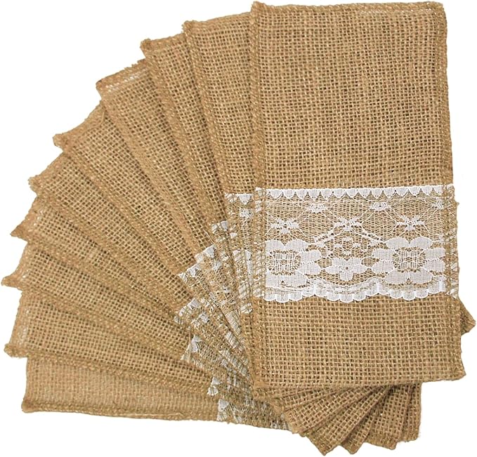 FQTANJU 50 PCS 4"x8" Burlap Lace Utensil Cutlery Holders Pouch Silverware Holder Knifes Forks Bags Burlap Napkin Bag for Rustic Wedding Party Decorations favors